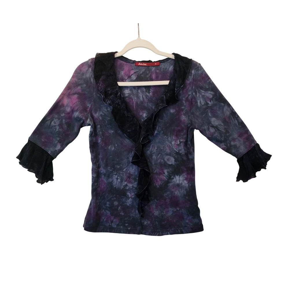 Barbara Lesser Fibers Purple Tie Dye Ruffle V-Neck Top 3/4 Sleeve Small USA Made